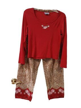 Sleep Tight Women's Small Red & Leopard Pajama Set Long Sleeve Satin Pants #D26